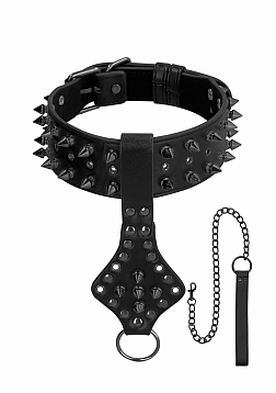 Ouch! Skulls and Bones - Neck Chain with Spikes and Leash - Blac